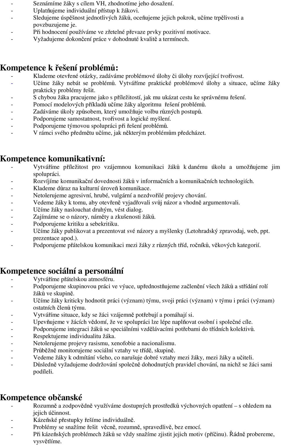 - Vyžadujeme dokončení práce v dohodnuté kvalitě a termínech. Kompetence k řešení problémů: - Klademe otevřené otázky, zadáváme problémové úlohy či úlohy rozvíjející tvořivost.