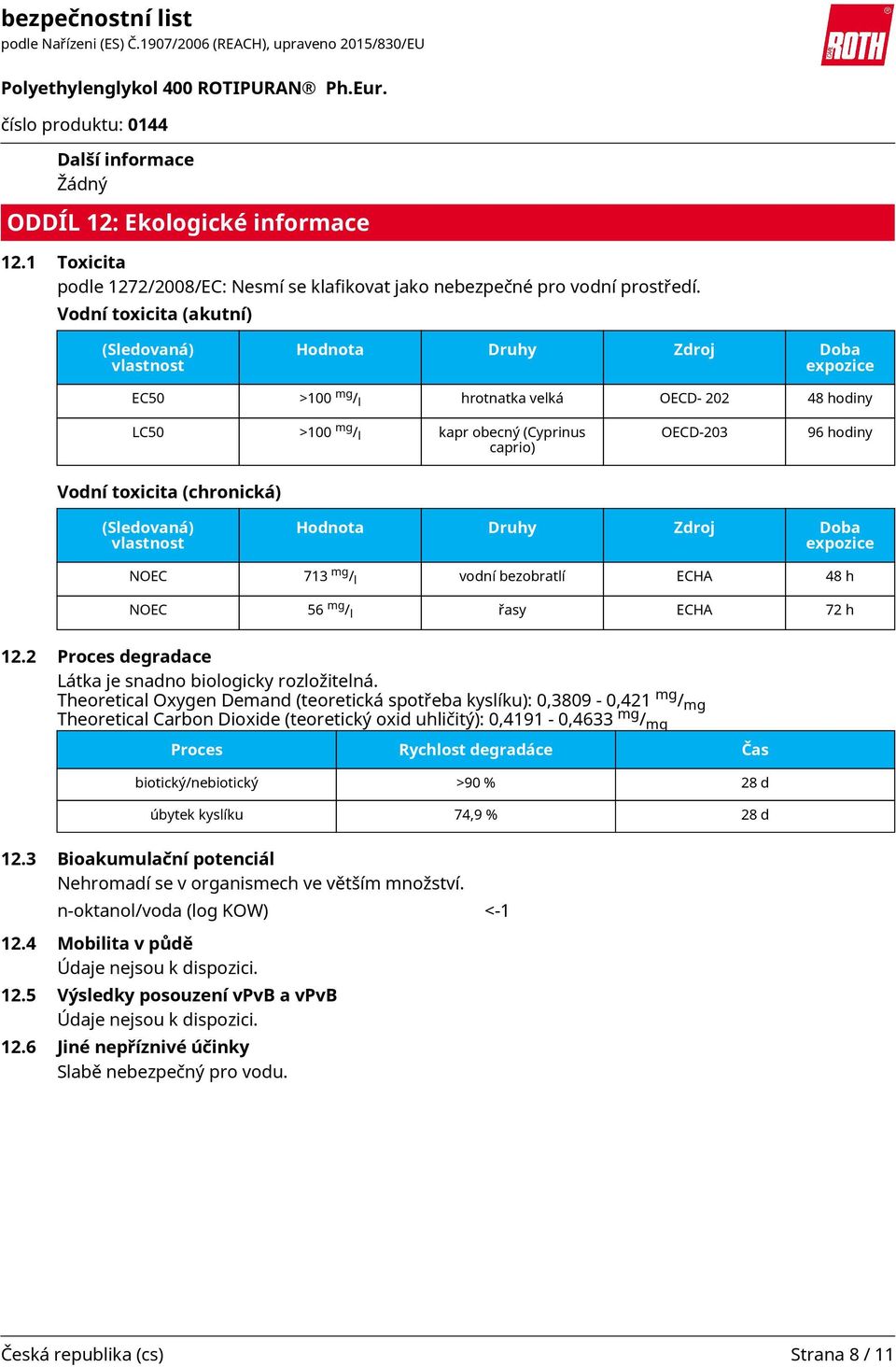 Vodní toxicita (chronická) (Sledovaná) vlastnost Hodnota Druhy Zdroj Doba expozice NOEC 713 mg / l vodní bezobratlí ECHA 48 h NOEC 56 mg / l řasy ECHA 72 h 12.