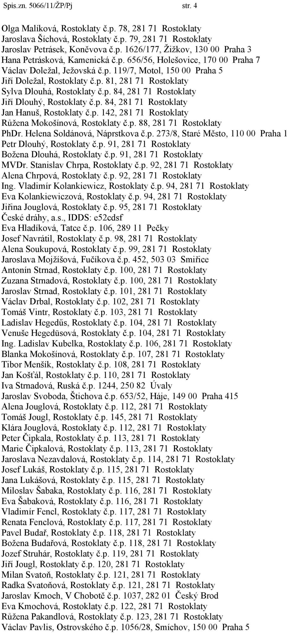 p. 84, 281 71 Rostoklaty Jan Hanuš, Rostoklaty č.p. 142, 281 71 Rostoklaty Růžena Mokošínová, Rostoklaty č.p. 88, 281 71 Rostoklaty PhDr. Helena Soldánová, Náprstkova č.p. 273/8, Staré Město, 110 00 Praha 1 Petr Dlouhý, Rostoklaty č.