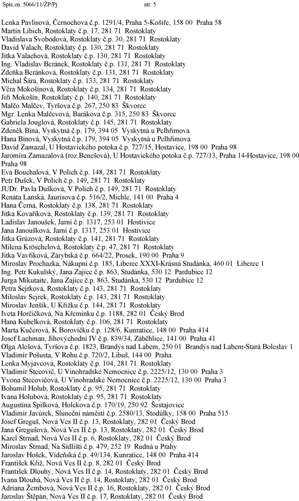 p. 133, 281 71 Rostoklaty Věra Mokošínová, Rostoklaty č.p. 134, 281 71 Rostoklaty Jiří Mokošín, Rostoklaty č.p. 140, 281 71 Rostoklaty Malčo Malčev, Tyršova č.p. 267, 250 83 Škvorec Mgr.