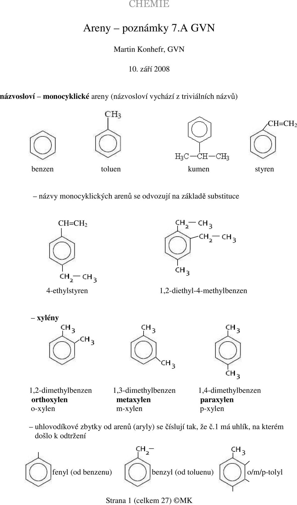 arenů se odvozují na základě substituce CH=CH 2 4-ethylstyren 1,2-diethyl-4-methylbenzen xylény 1,2-dimethylbenzen 1,3-dimethylbenzen