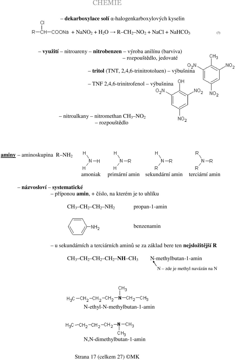nitromethan CH 3 NO 2 rozpouštědlo aminy aminoskupina R NH 2 amoniak primární amin sekundární amin terciární amin názvosloví systematické příponou amin, + číslo, na kterém je to