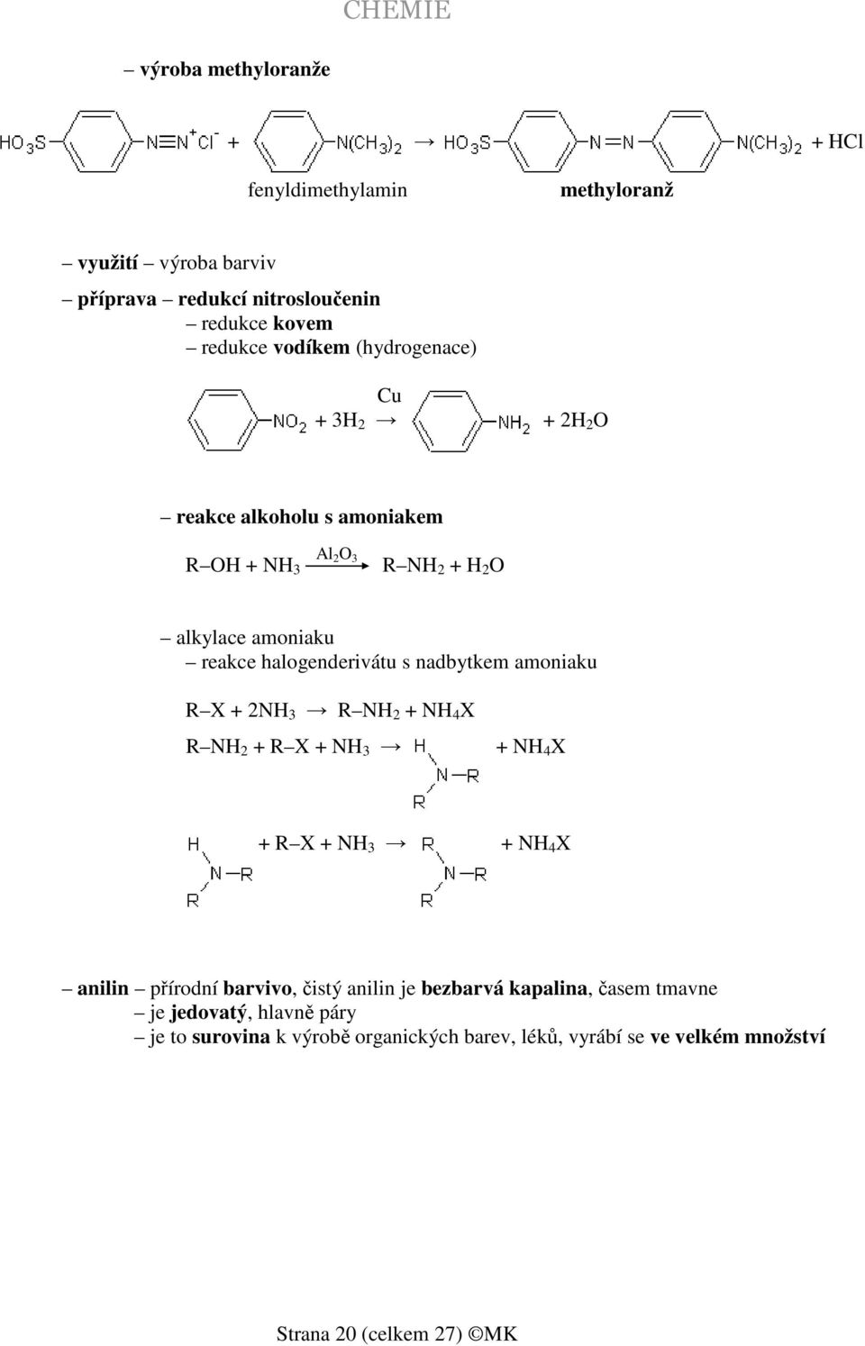 nadbytkem amoniaku R X + 2NH 3 R NH 2 + NH 4 X R NH 2 + R X + NH 3 + NH 4 X + R X + NH 3 + NH 4 X anilin přírodní barvivo, čistý anilin je