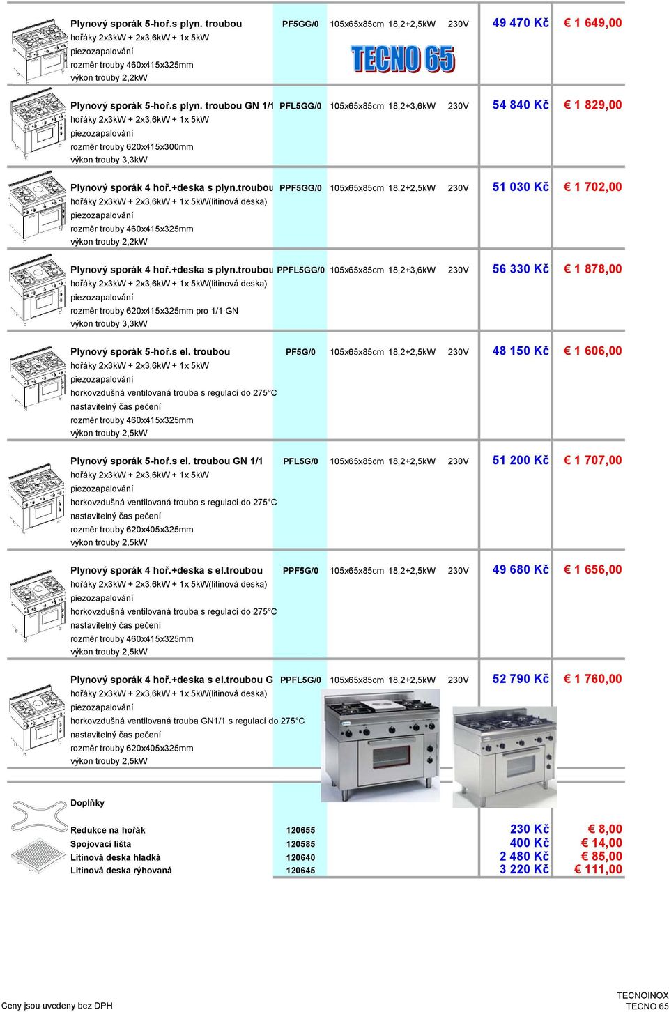 troubou PPF5GG/0 105x65x85cm 18,2+2,5kW 230V 51 030 Kč 1 702,00 hořáky 2x3kW + 2x3,6kW + 1x 5kW(litinová deska) výkon trouby 2,2kW Plynový sporák 4 hoř.