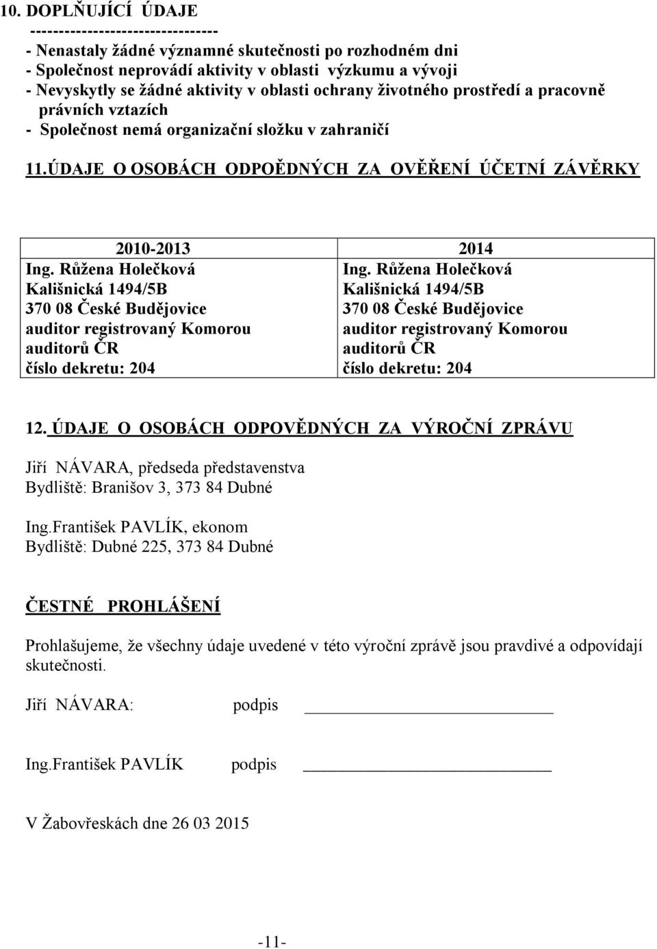 Růžena Holečková Kališnická 1494/5B 370 08 České Budějovice auditor registrovaný Komorou auditorů ČR číslo dekretu: 204 Ing.