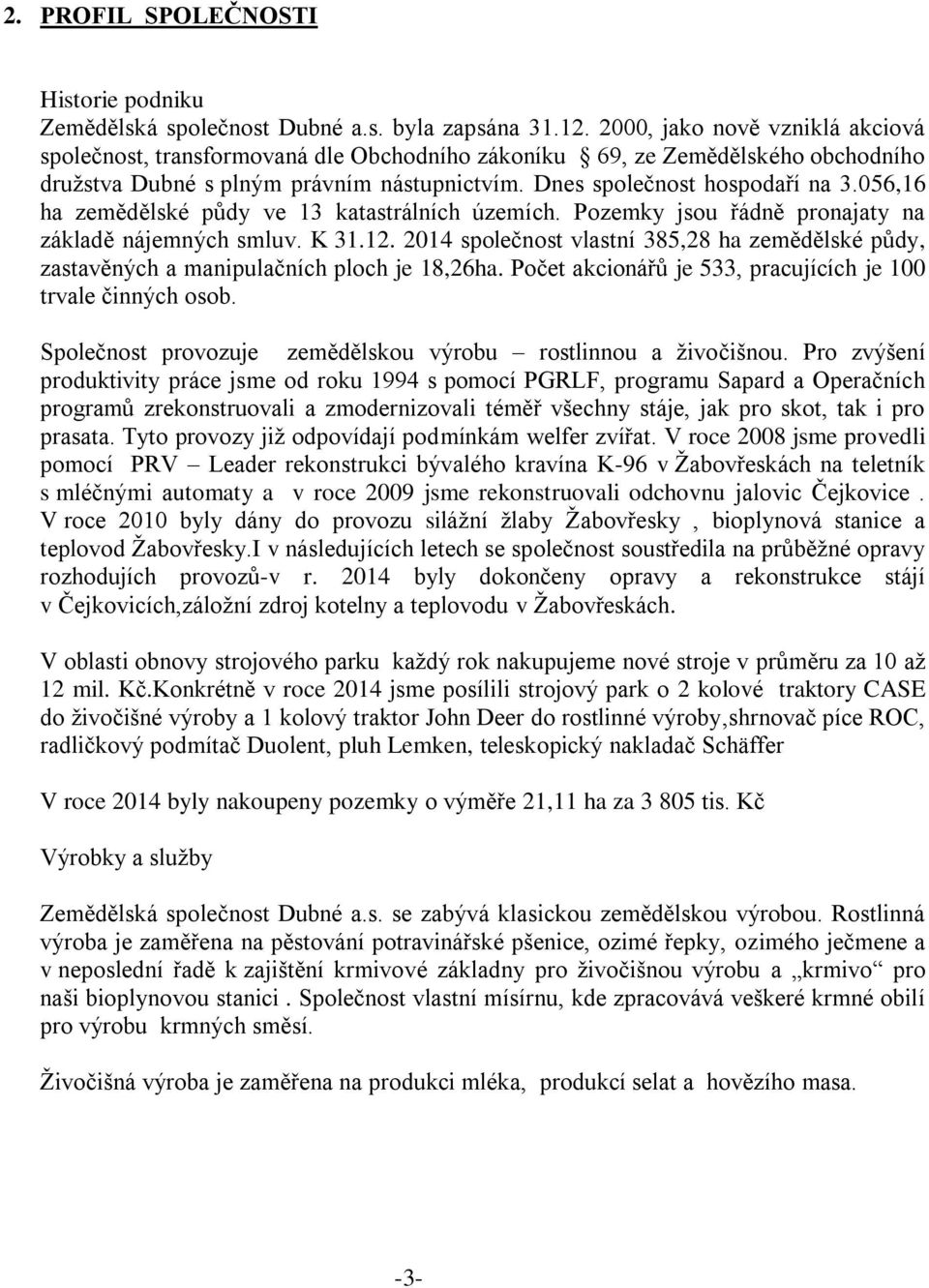 056,16 ha zemědělské půdy ve 13 katastrálních územích. Pozemky jsou řádně pronajaty na základě nájemných smluv. K 31.12.