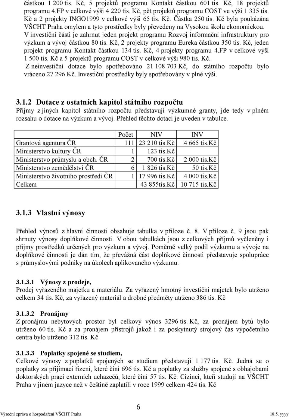 V investiční části je zahrnut jeden projekt programu Rozvoj informační infrastruktury pro výzkum a vývoj částkou 80 tis. Kč, 2 projekty programu Eureka částkou 350 tis.