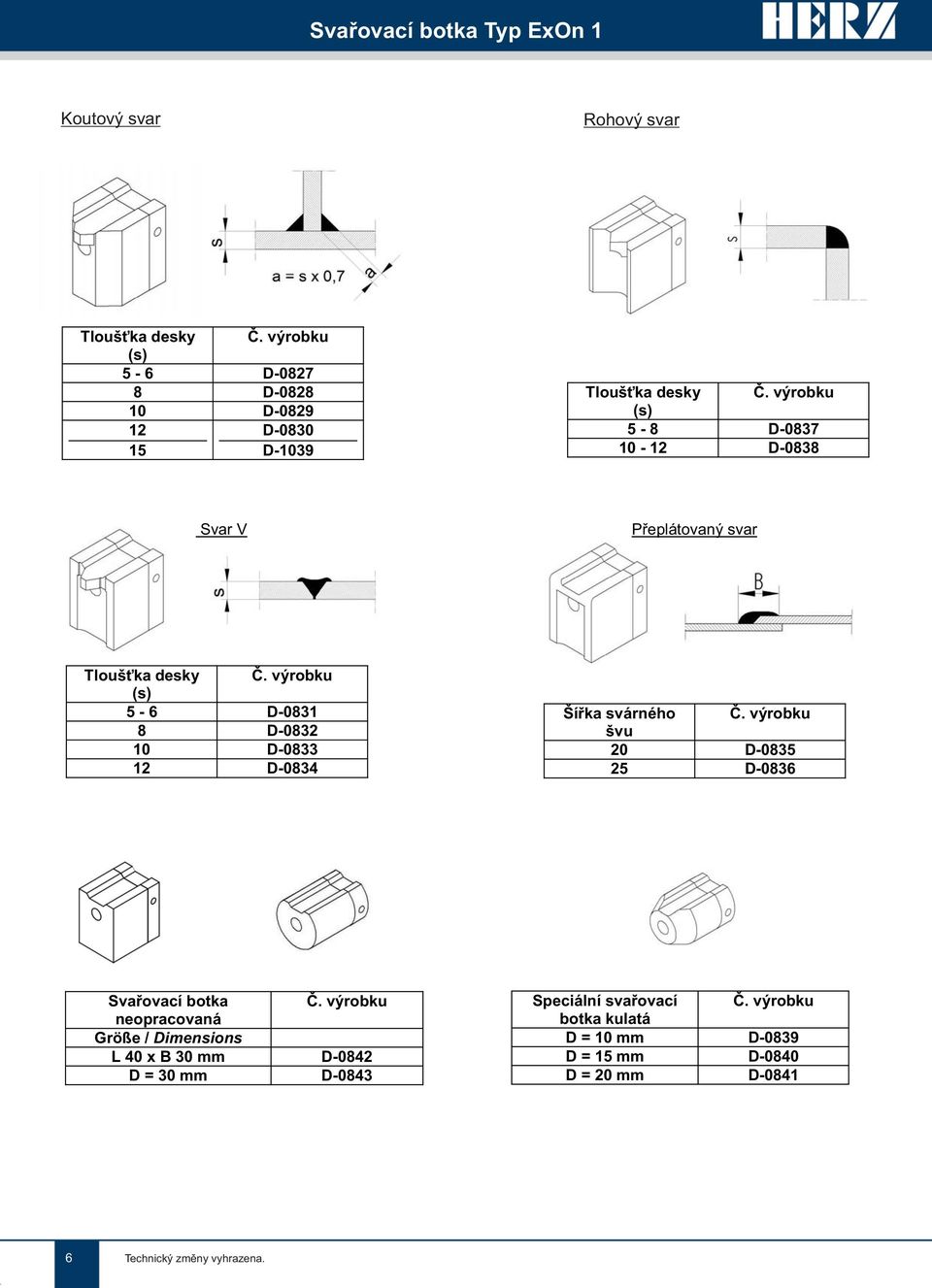 výrobku (s) 5-8 D-0837 10-12 D-0838 Svar V Přeplátovaný svar Tloušťka desky Č.