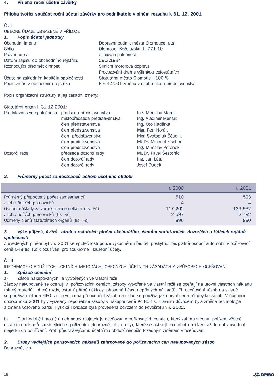 1994 Rozhodující předmět činnosti Silniční motorová doprava Provozování drah s výjimkou celostátních Účast na základním kapitálu společnosti Statutární město Olomouc - 100 % Popis změn v obchodním