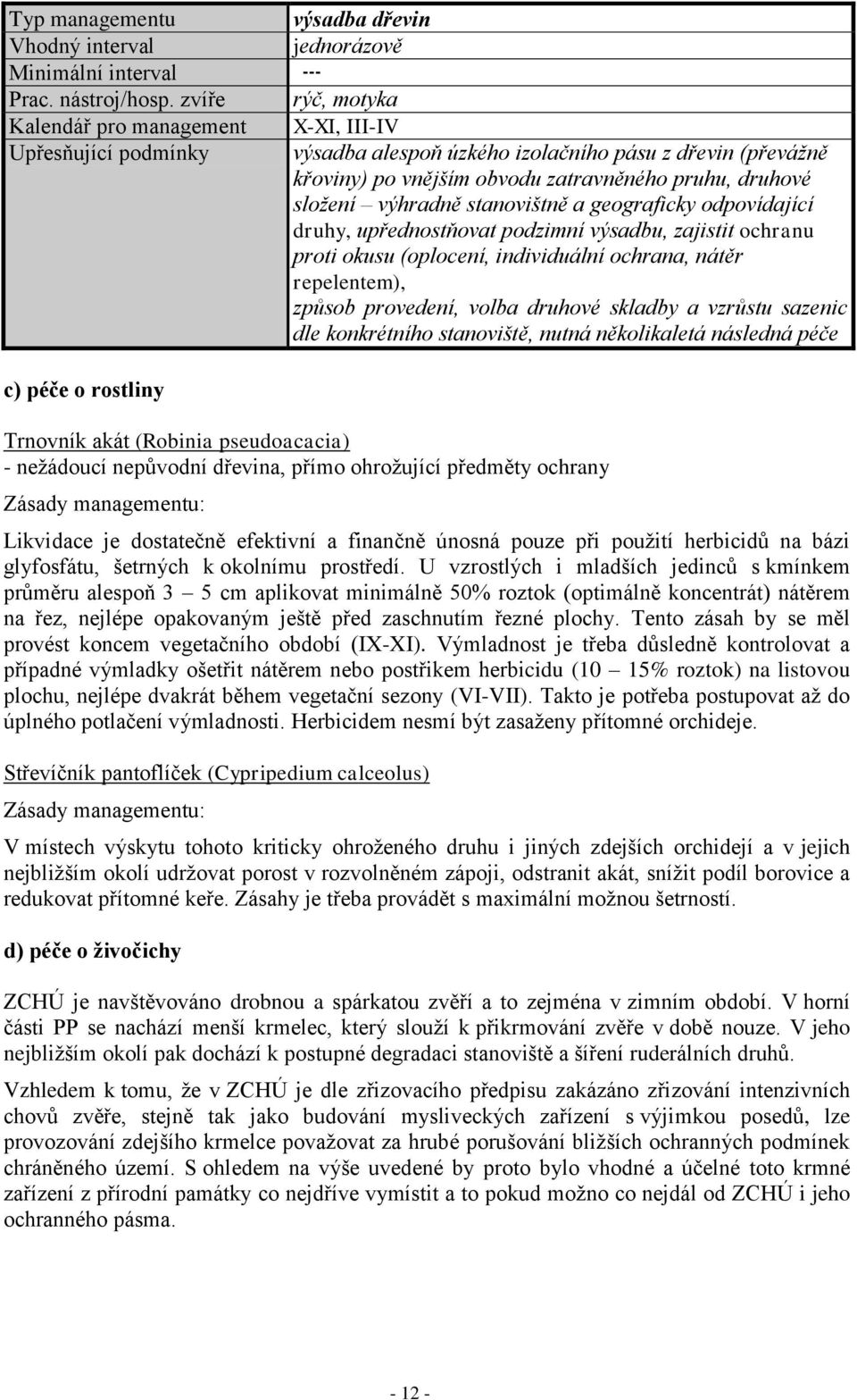 výhradně stanovištně a geograficky odpovídající druhy, upřednostňovat podzimní výsadbu, zajistit ochranu proti okusu (oplocení, individuální ochrana, nátěr repelentem), způsob provedení, volba