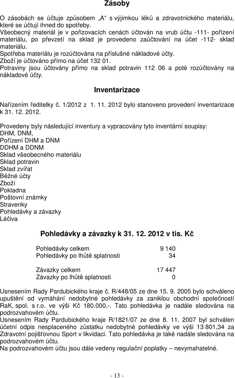 Spotřeba materiálu je rozúčtována na příslušné nákladové účty. Zboží je účtováno přímo na účet 132 01. Potraviny jsou účtovány přímo na sklad potravin 112 06 a poté rozúčtovány na nákladové účty.