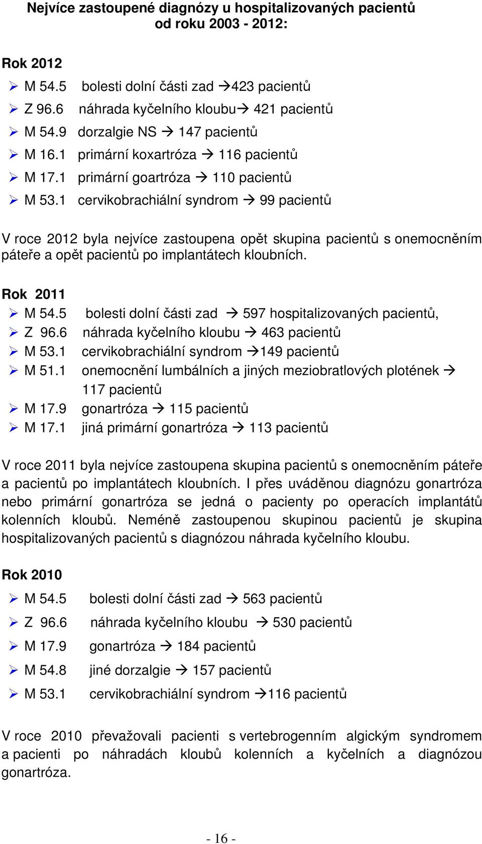 1 cervikobrachiální syndrom 99 pacientů V roce 2012 byla nejvíce zastoupena opět skupina pacientů s onemocněním páteře a opět pacientů po implantátech kloubních. Rok 2011 M 54.5 Z 96.6 M 53.1 M 51.