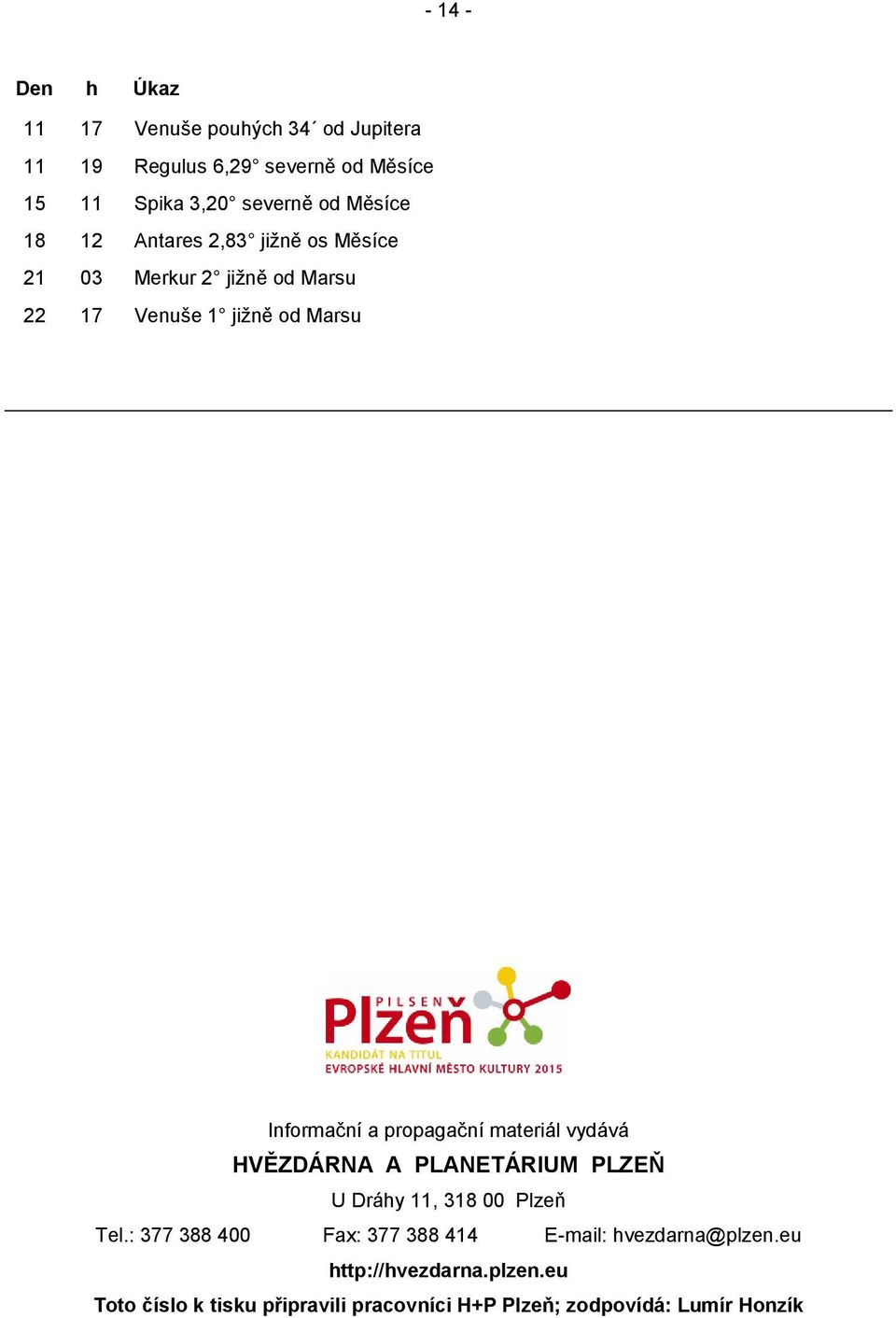 propagační materiál vydává HVĚZDÁRNA A PLANETÁRIUM PLZEŇ U Dráhy 11, 318 00 Plzeň Tel.