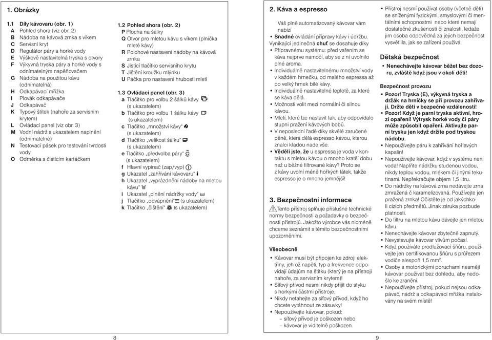 použitou kávu (odnímatelná) H Odkapávací mřížka I Plovák odkapávače J Odkapávač K Typový štítek (nahoře za servisním krytem) L Ovládací panel (viz obr.