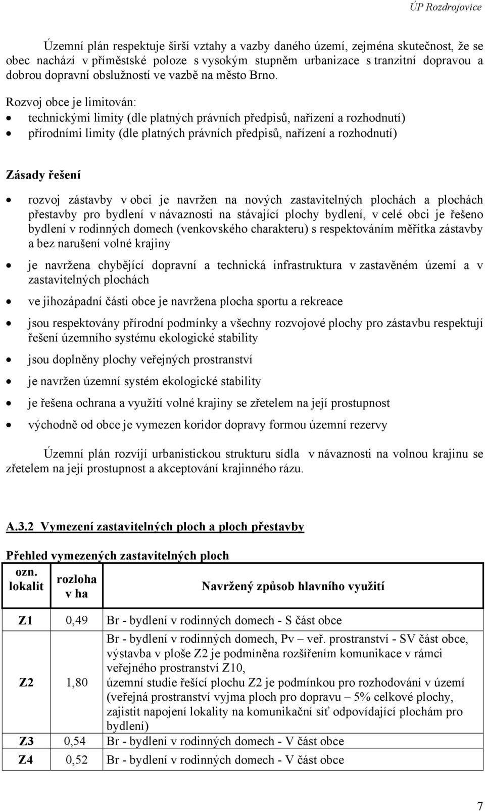 Rozvoj obce je limitován: technickými limity (dle platných právních předpisů, nařízení a rozhodnutí) přírodními limity (dle platných právních předpisů, nařízení a rozhodnutí) Zásady řešení rozvoj