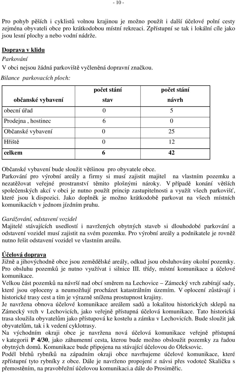 Bilance parkovacích ploch: občanské vybavení počet stání stav obecní úřad 0 5 Prodejna, hostinec 6 0 Občanské vybavení 0 25 Hřiště 0 12 celkem 6 42 počet stání návrh Občanské vybavení bude sloužit