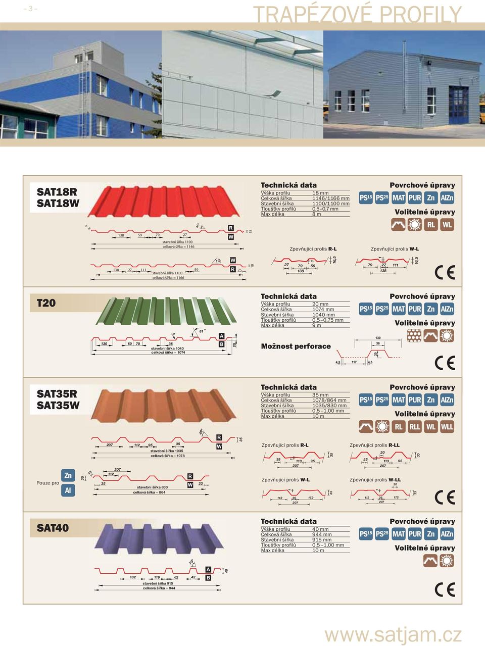 Stavební šířka 1040 Tloušťky profi lů 0,5 0,75 9 m stavební šířka 1040 celková šířka 1074 SATR SATW 49º Výška profi lu Celková šířka 1078/864 Stavební šířka 10/830 Tloušťky profi lů 0,5 1,00 10 m RL