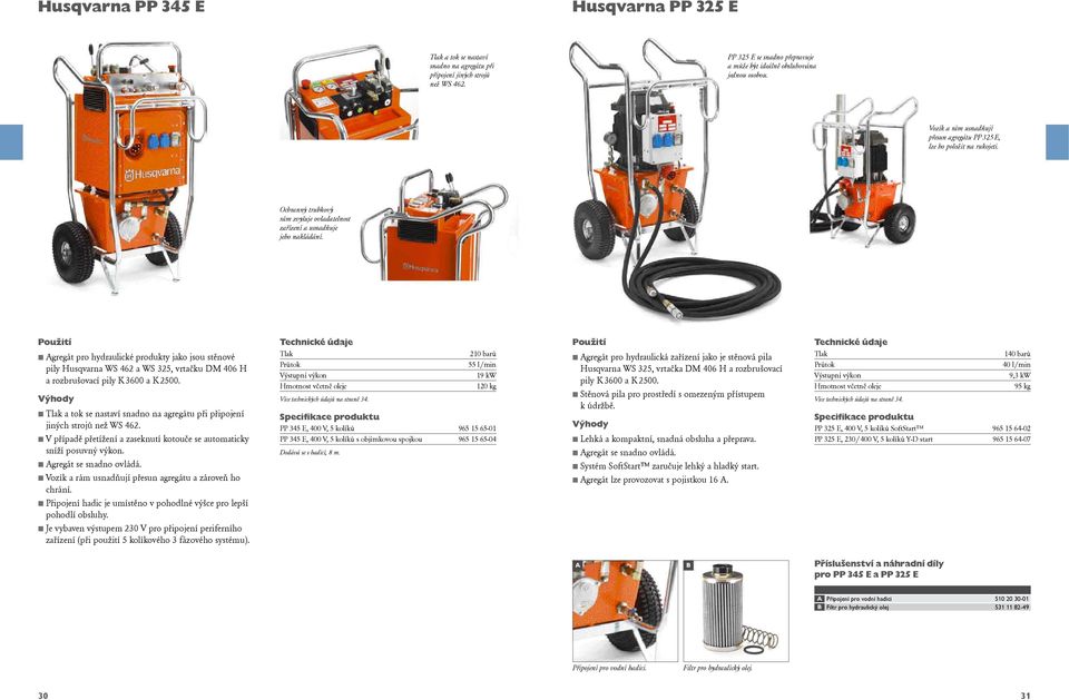 Agregát pro hydraulické produkty jako jsou stěnové pily Husqvarna WS 462 a WS 325, vrtačku DM 406 H a rozbrušovací pily K 3600 a K 2500.