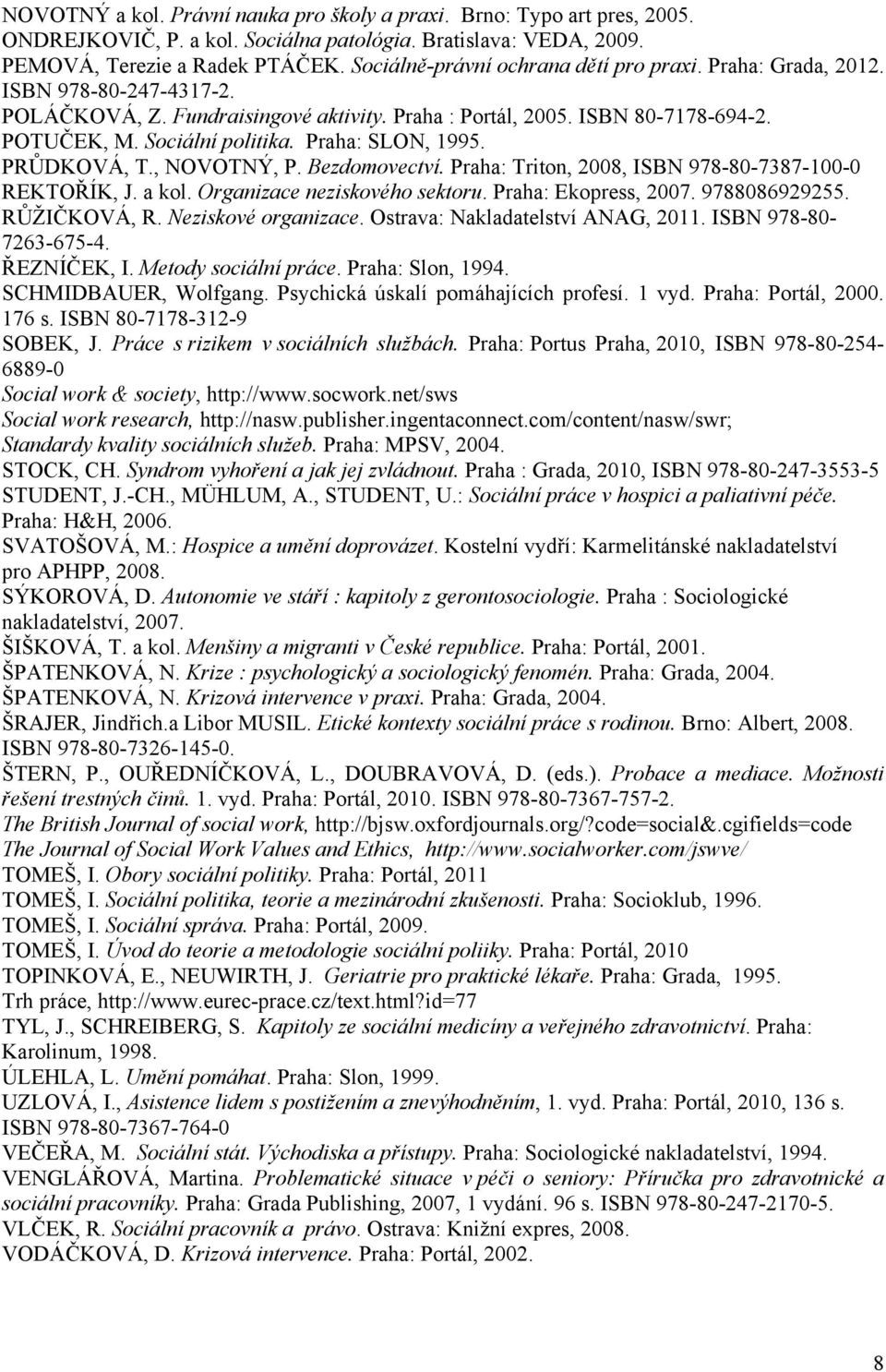 Praha: SLON, 1995. PRŮDKOVÁ, T., NOVOTNÝ, P. Bezdomovectví. Praha: Triton, 2008, ISBN 978-80-7387-100-0 REKTOŘÍK, J. a kol. Organizace neziskového sektoru. Praha: Ekopress, 2007. 9788086929255.