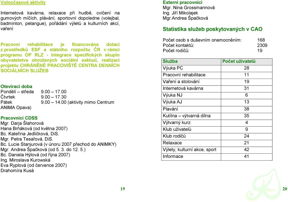 projektu CHRÁNĚNÉ PRACOVIŠTĚ CENTRA DENNÍCH SOCIÁLNÍCH SLUŽEB Otevírací doba Pondělí středa 9.00 17.00 Čtvrtek 9.00 17.30 Pátek 9.00 14.00 (aktivity mimo Centrum ANIMA Opava) Pracovníci CDSS Mgr.