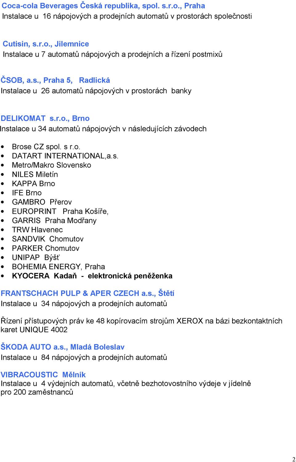 s. Metro/Makro Slovensko NILES Miletín KAPPA Brno IFE Brno GAMBRO Přerov EUROPRINT Praha Košíře, GARRIS Praha Modřany TRW Hlavenec SANDVIK Chomutov PARKER Chomutov UNIPAP Býšť BOHEMIA ENERGY, Praha