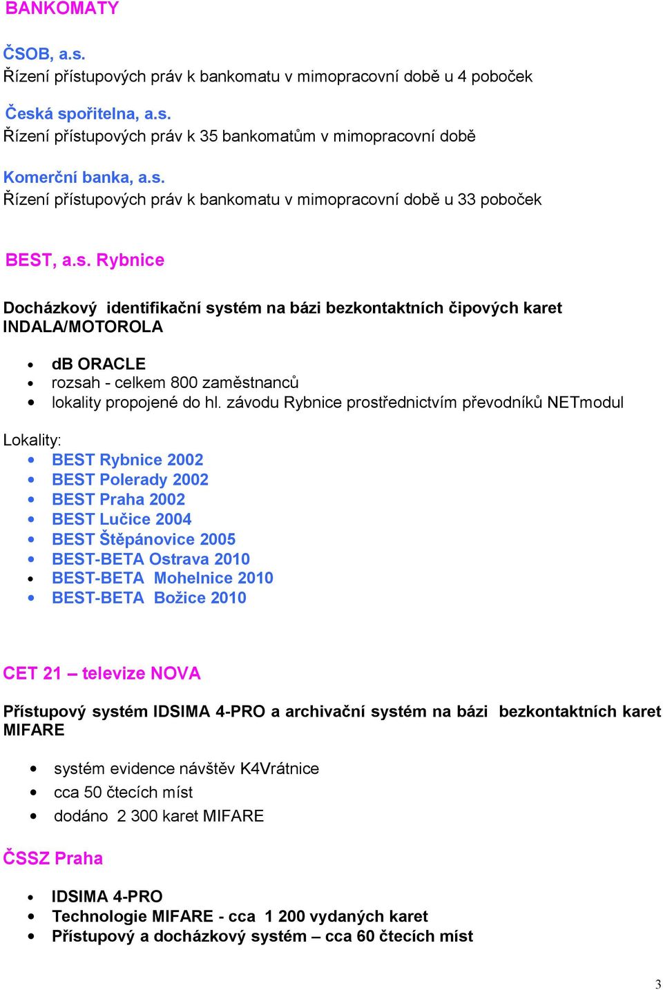 závodu Rybnice prostřednictvím převodníků NETmodul Lokality: BEST Rybnice 2002 BEST Polerady 2002 BEST Praha 2002 BEST Lučice 2004 BEST Štěpánovice 2005 BEST-BETA Ostrava 2010 BEST-BETA Mohelnice