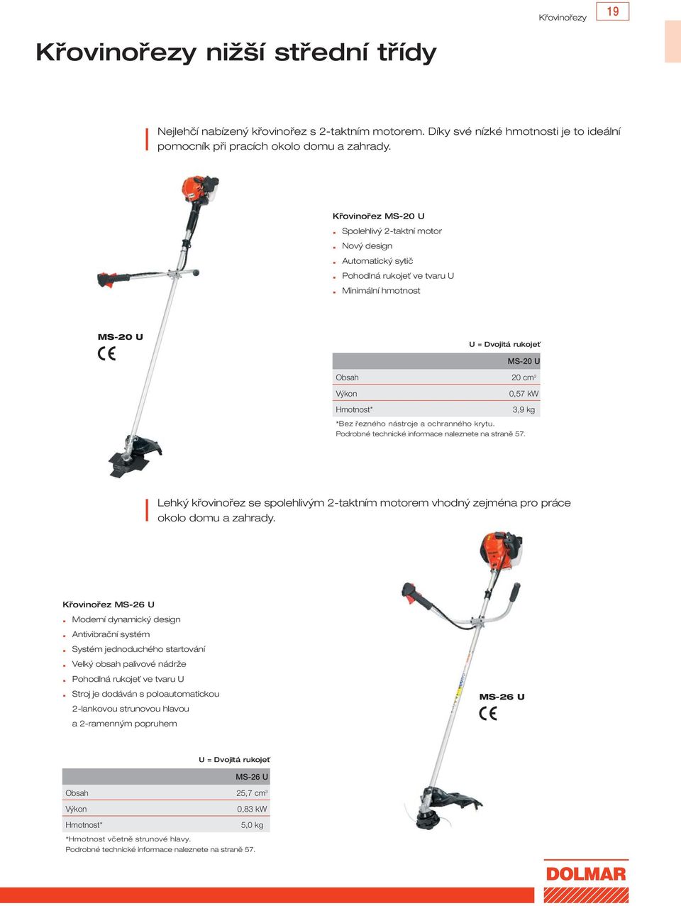 Minimální hmotnost MS-20 U U = Dvojitá rukojeť MS-20 U Obsah 20 cm 3 Výkon Hmotnost* 0,57 kw 3,9 kg *Bez řezného nástroje a ochranného krytu. Podrobné technické informace naleznete na straně 57.