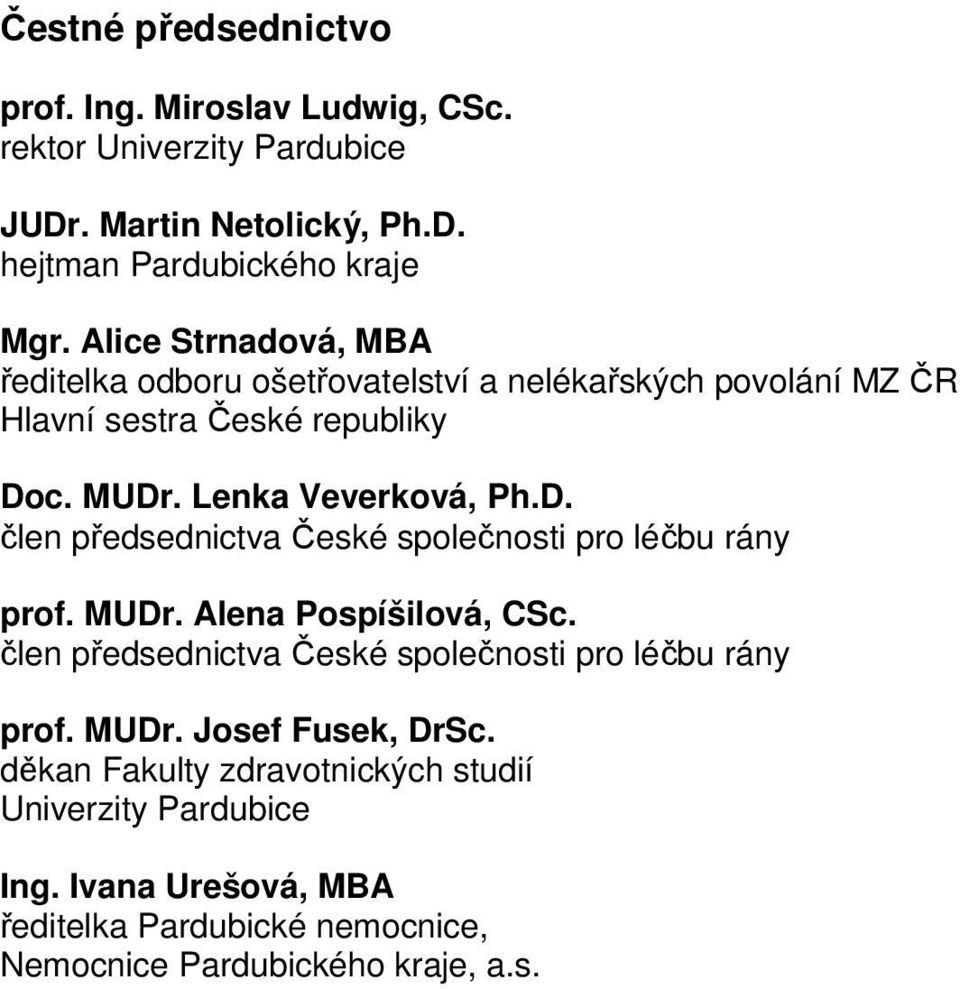 c. MUDr. Lenka Veverková, Ph.D. člen předsednictva České společnosti pro léčbu rány prof. MUDr. Alena Pospíšilová, CSc.