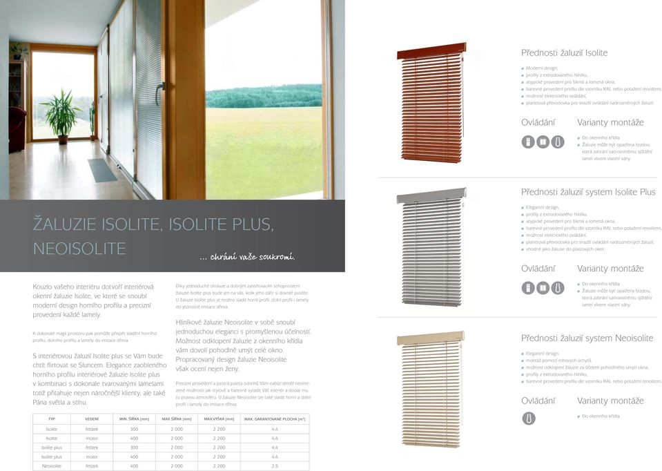 Přednosti žaluzií system Isolite Plus Žaluzie Isolite, Isolite Plus, Neoisolite Elegantní design, profily z extrudovaného hliníku, atypické provedení pro šikmá a lomená okna, barevné provedení