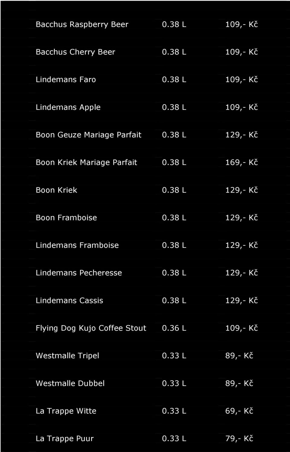 38 L 129,- Kč Boon Framboise 0.38 L 129,- Kč Lindemans Framboise 0.38 L 129,- Kč Lindemans Pecheresse 0.38 L 129,- Kč Lindemans Cassis 0.