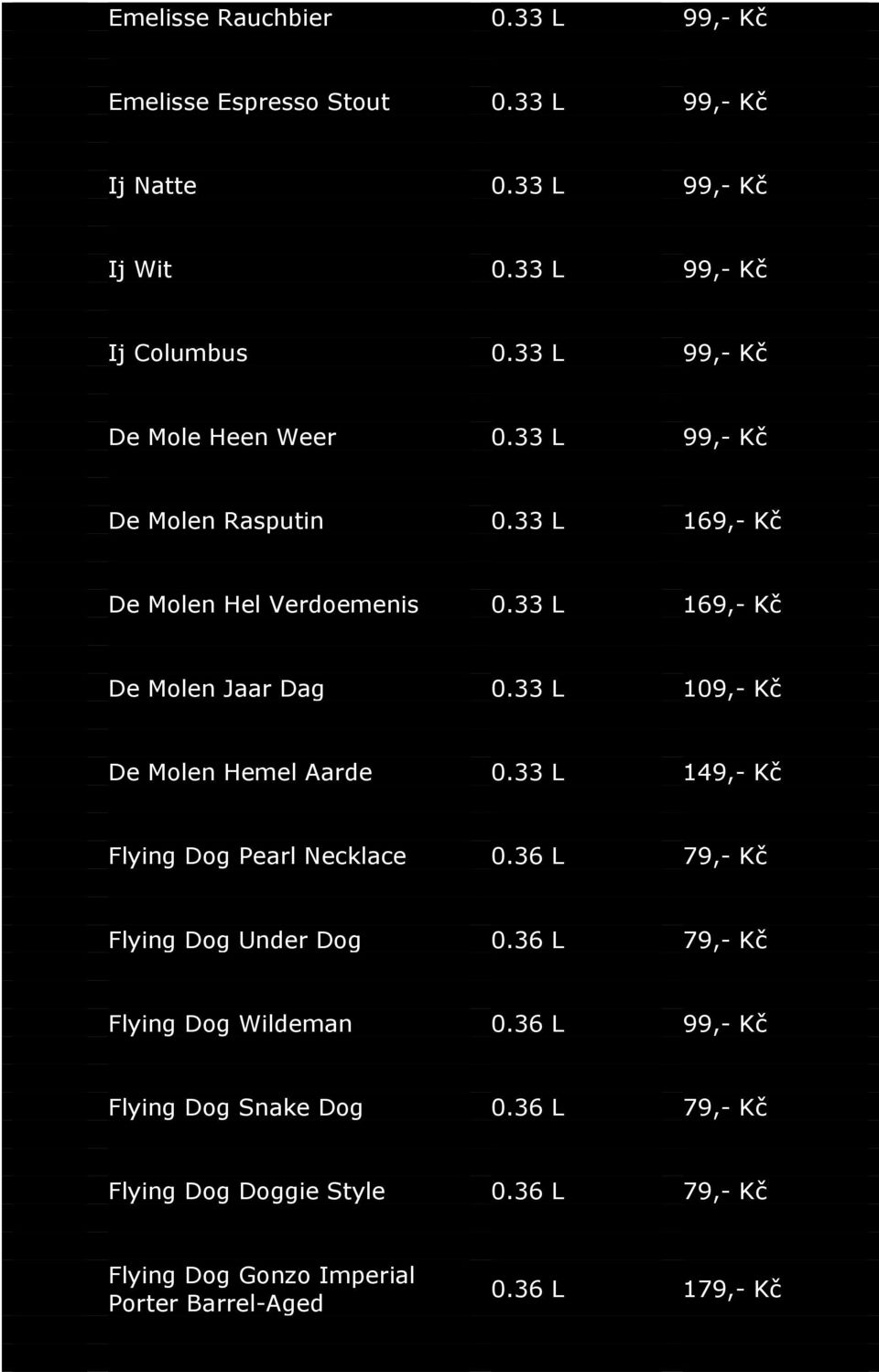 33 L 109,- Kč De Molen Hemel Aarde 0.33 L 149,- Kč Flying Dog Pearl Necklace 0.36 L 79,- Kč Flying Dog Under Dog 0.