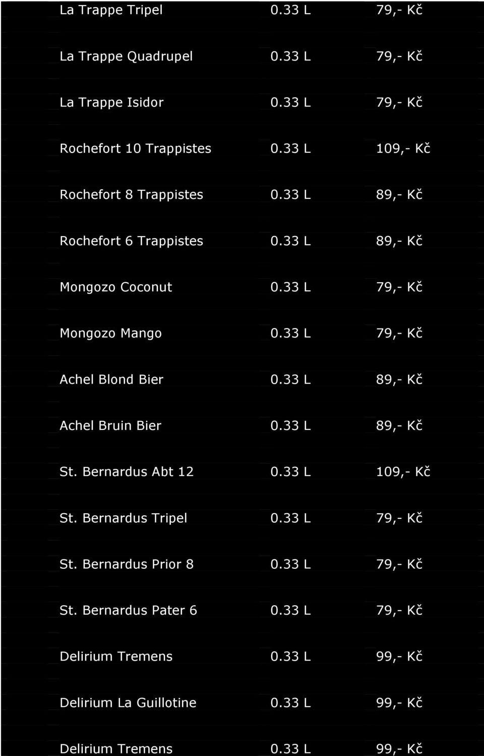 33 L 79,- Kč Achel Blond Bier 0.33 L 89,- Kč Achel Bruin Bier 0.33 L 89,- Kč St. Bernardus Abt 12 0.33 L 109,- Kč St. Bernardus Tripel 0.