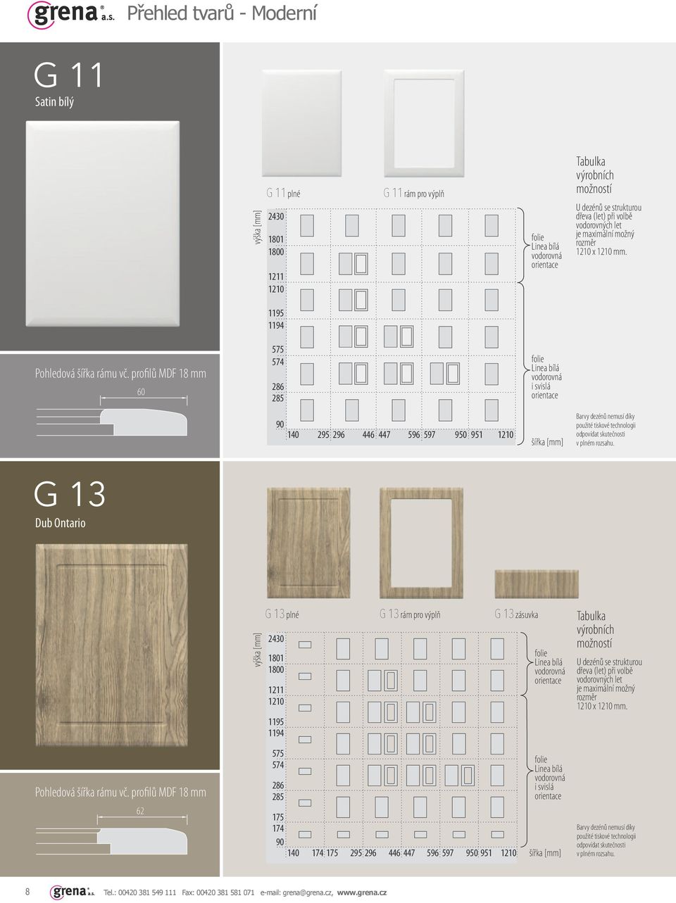 profilů MDF 60 140 295 296 446 447 596 597 950 951 G 13 Dub Ontario G 13 plné G 13 rám pro výplň G 13 zásuvka Tabulka výrobních