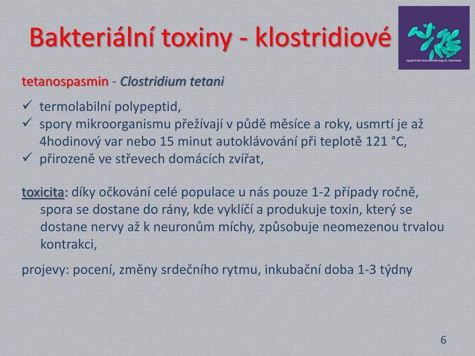 toxicita: díky očkování celé populace u nás pouze 1-2 případy ročně, spora se dostane do rány, kde vyklíčí a produkuje toxin, který