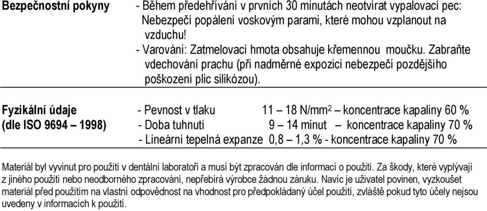 Fyzikální údaje - Pevnost v tlaku 11 18 N/mm 2 koncentrace kapaliny 60 % (dle ISO 9694 1998) - Doba tuhnutí 9 14 minut koncentrace kapaliny 70 % - Lineární tepelná expanze 0,8 1,3 % - koncentrace