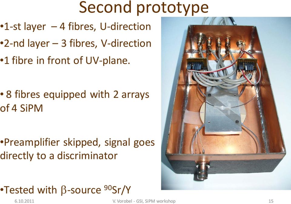 8 fibres equipped with 2 arrays of 4 SiPM Preamplifier skipped, signal