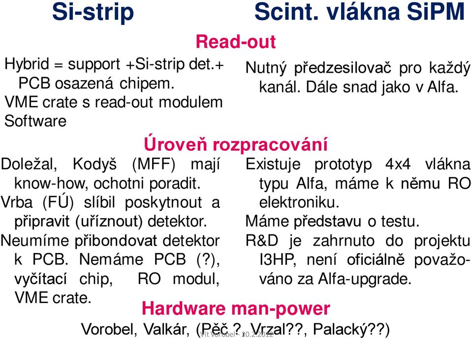 Vrba (FÚ) slíbil poskytnout a připravit (uříznout) detektor. Neumíme přibondovat detektor k PCB. Nemáme PCB (?), vyčítací chip, RO modul, VME crate.