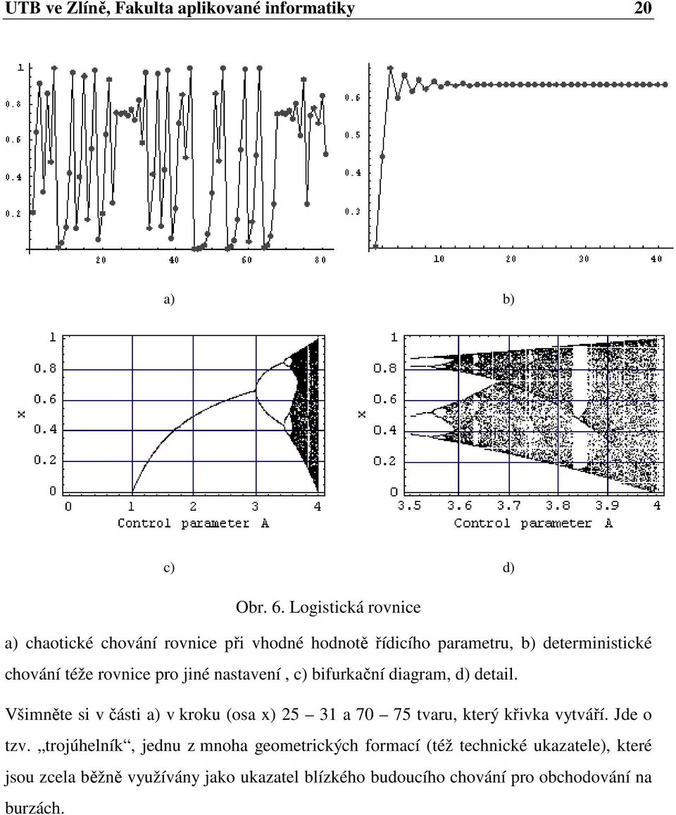 pro jiné nastavení, c) bifurkační diagram, d) detail.