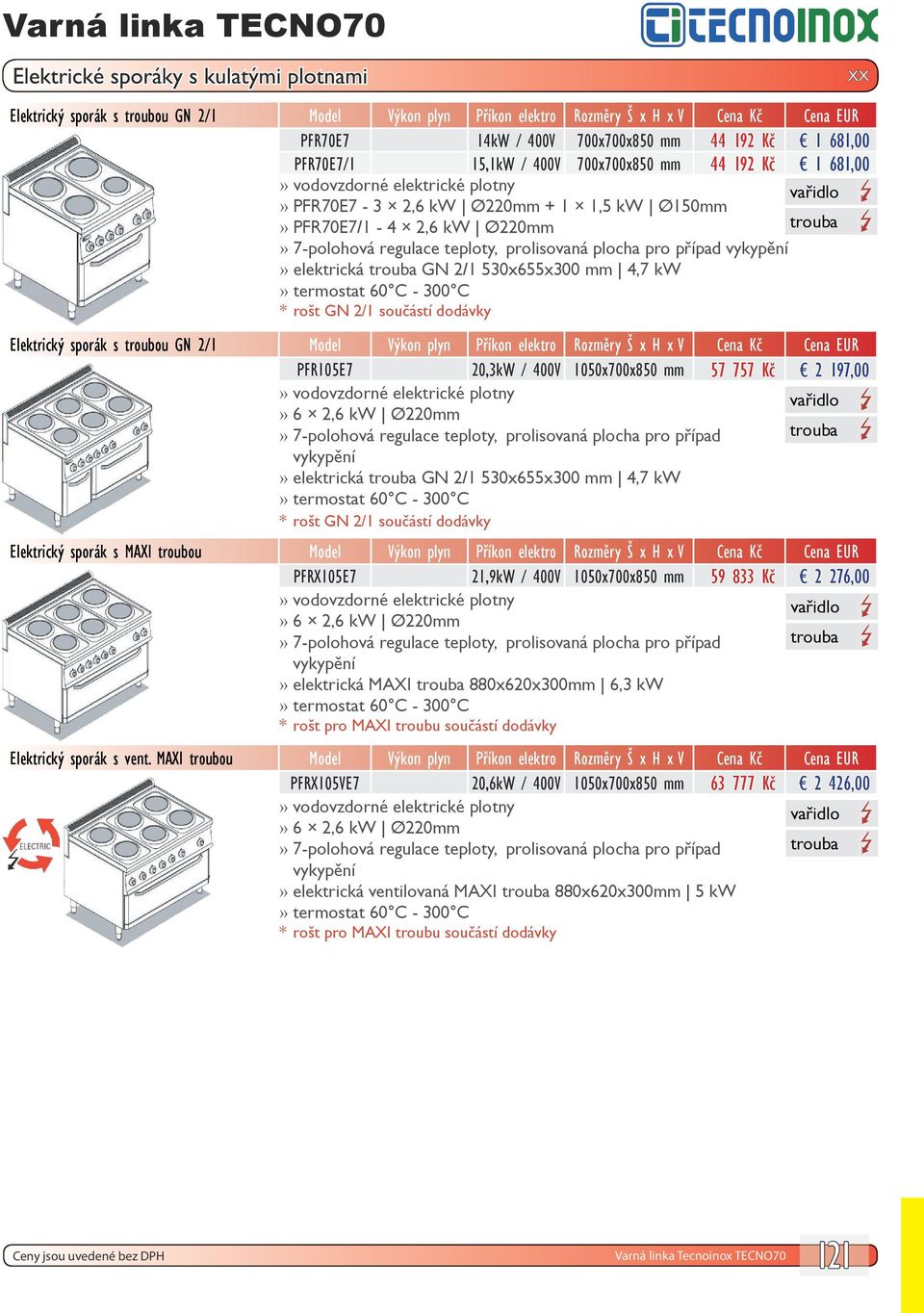300 C Elektrický sporák s troubou GN 2/1 Model Výkon plyn Příkon elektro Rozměry Š x H x V Cena Kč Cena EUR PFR105E7 20,3kW / 400V 1050x700x850 mm 57 757 Kč 2 197,00 vodovzdorné elektrické plotny 6