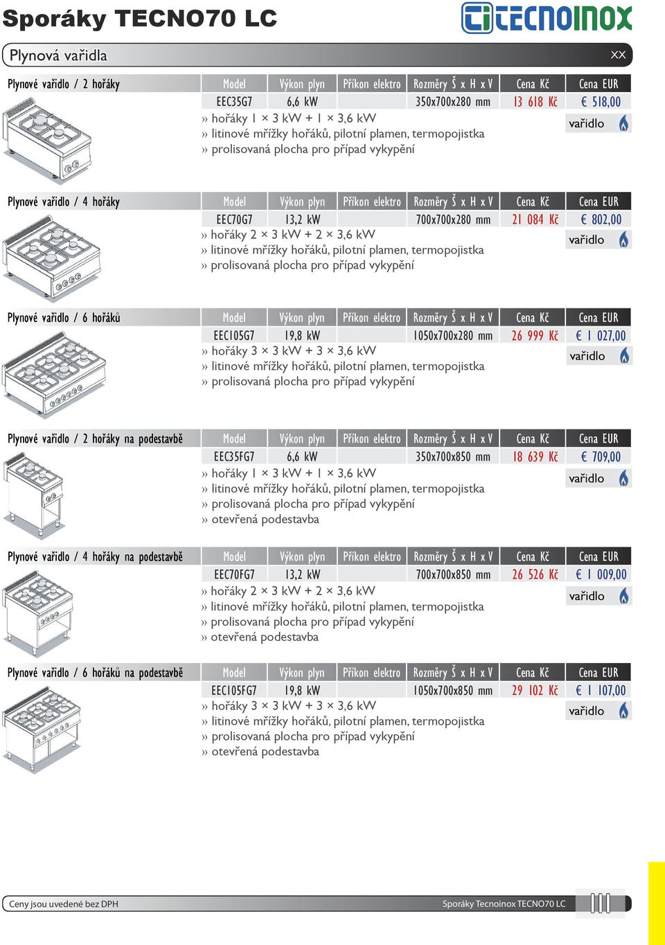 termopojistka Plynové / 6 hořáků Model Výkon plyn Příkon elektro Rozměry Š x H x V Cena Kč Cena EUR EEC105G7 19,8 kw 1050x700x280 mm 26 999 Kč 1 027,00 hořáky 3 3 kw + 3 3,6 kw, pilotní plamen,