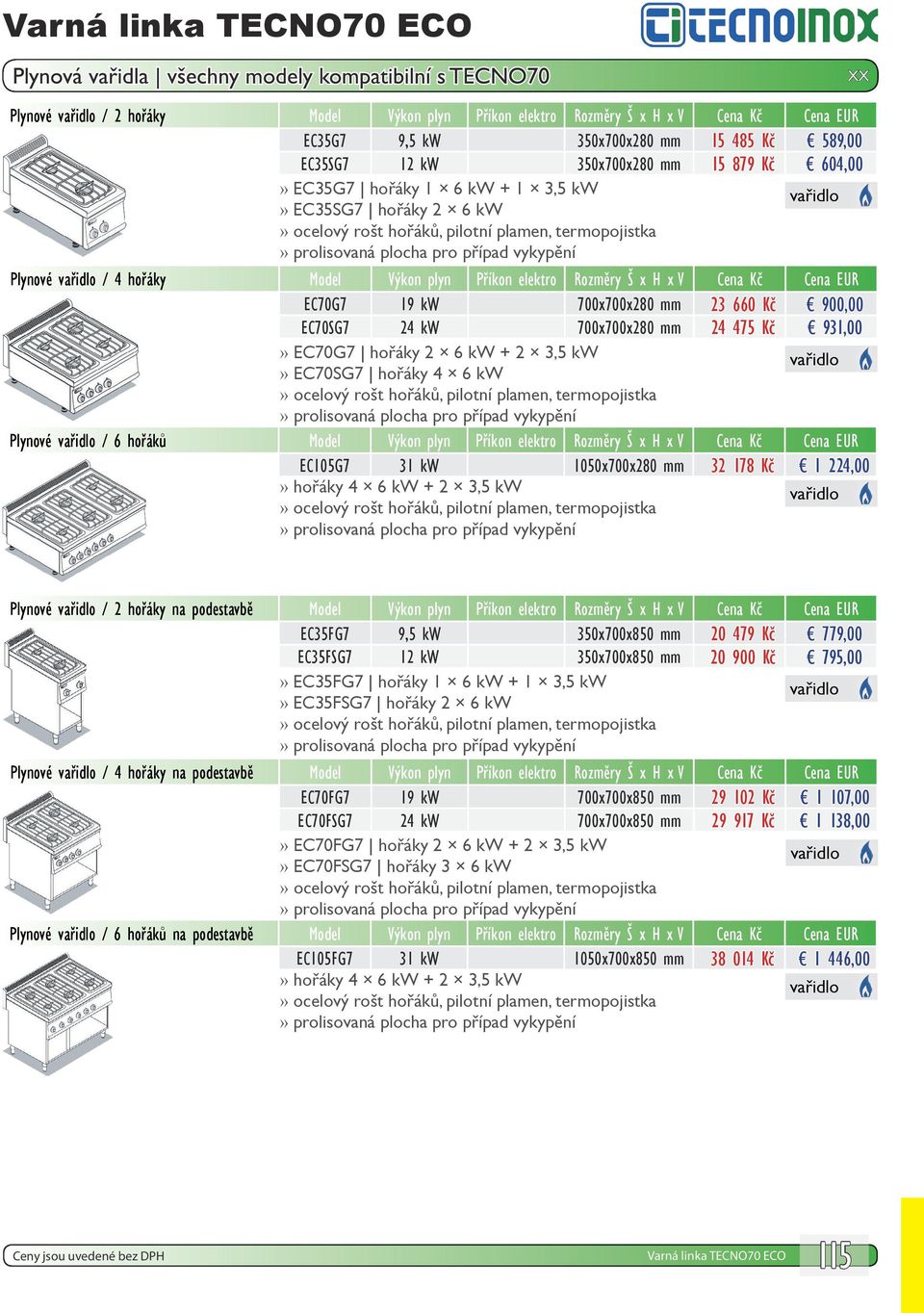 475 Kč 931,00 EC70G7 hořáky 2 6 kw + 2 3,5 kw EC70SG7 hořáky 4 6 kw Plynové / 6 hořáků Model Výkon plyn Příkon elektro Rozměry Š x H x V Cena Kč Cena EUR EC105G7 31 kw 1050x700x280 mm 32 178 Kč 1