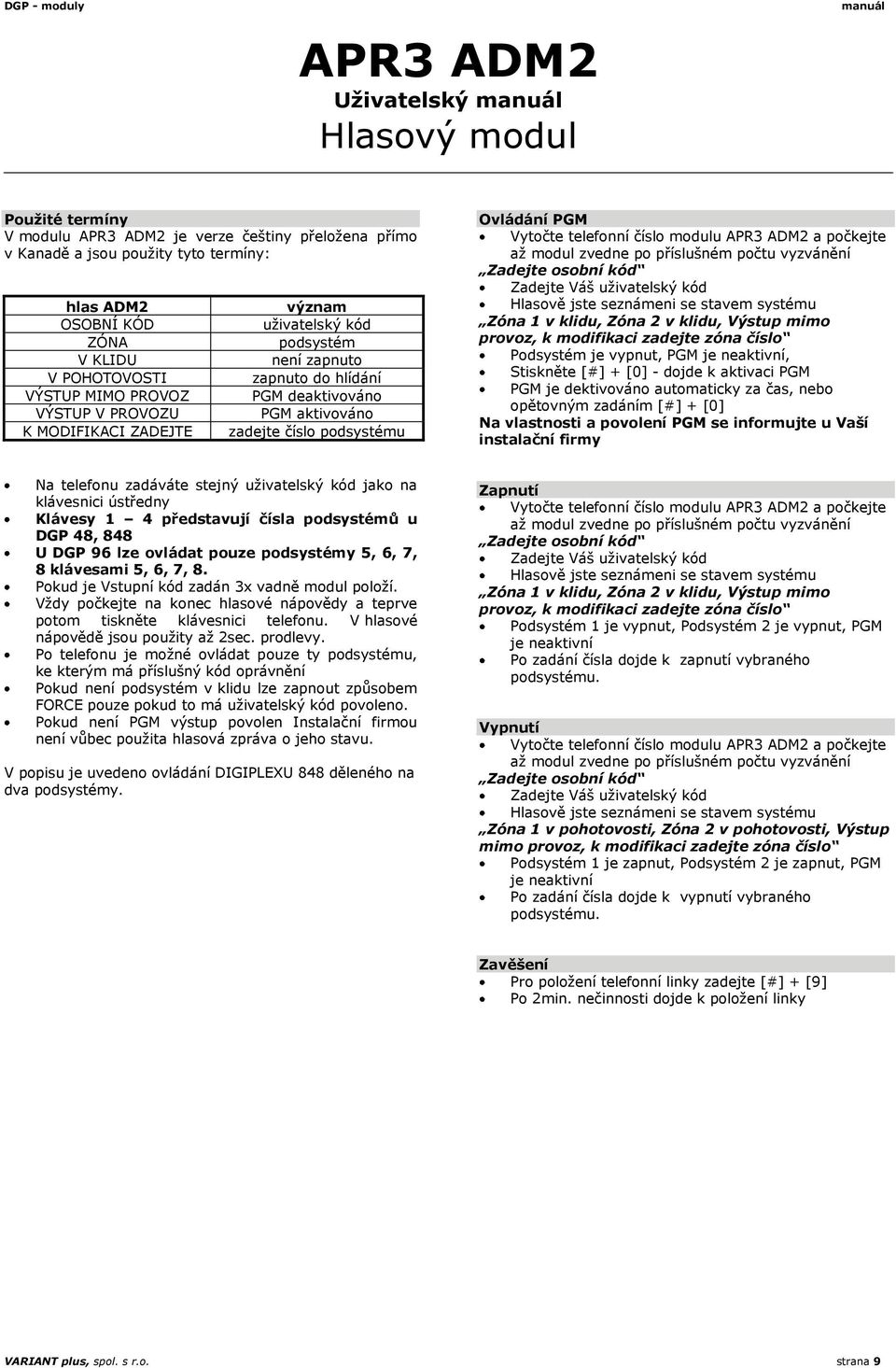 telefonní číslo modulu APR3 ADM2 a počkejte až modul zvedne po příslušném počtu vyzvánění Zadejte osobní kód Zadejte Váš uživatelský kód Hlasově jste seznámeni se stavem systému Zóna 1 v klidu, Zóna