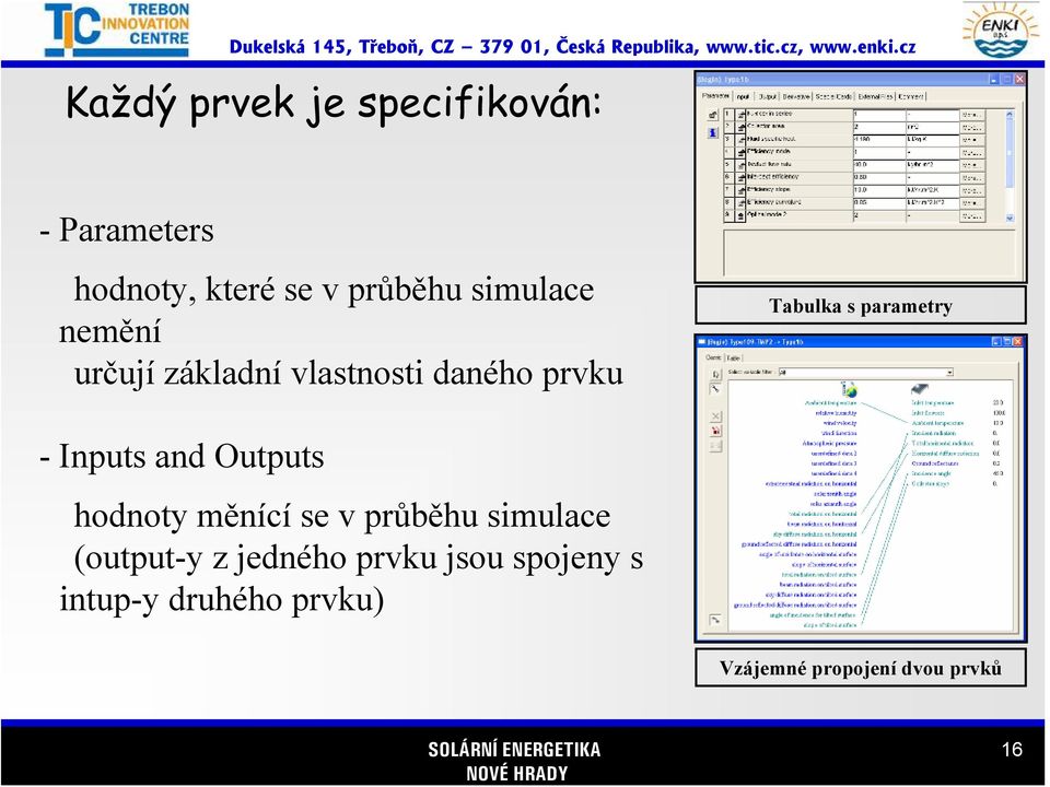 parametry - Inputs and Outputs hodnoty měnící se v průběhu simulace