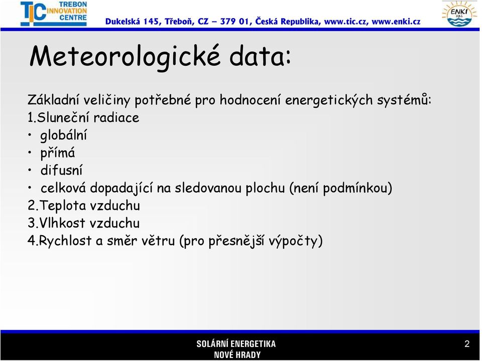 Sluneční radiace globální přímá difusní celková dopadající na