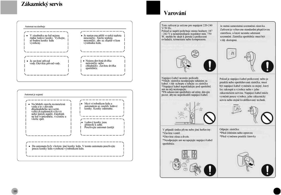 750 W, mohlo by dojít k poruše a poškození ovladačů, termostatu nebo kompresoru. Je nutná samostatná uzemněná zásuvka.