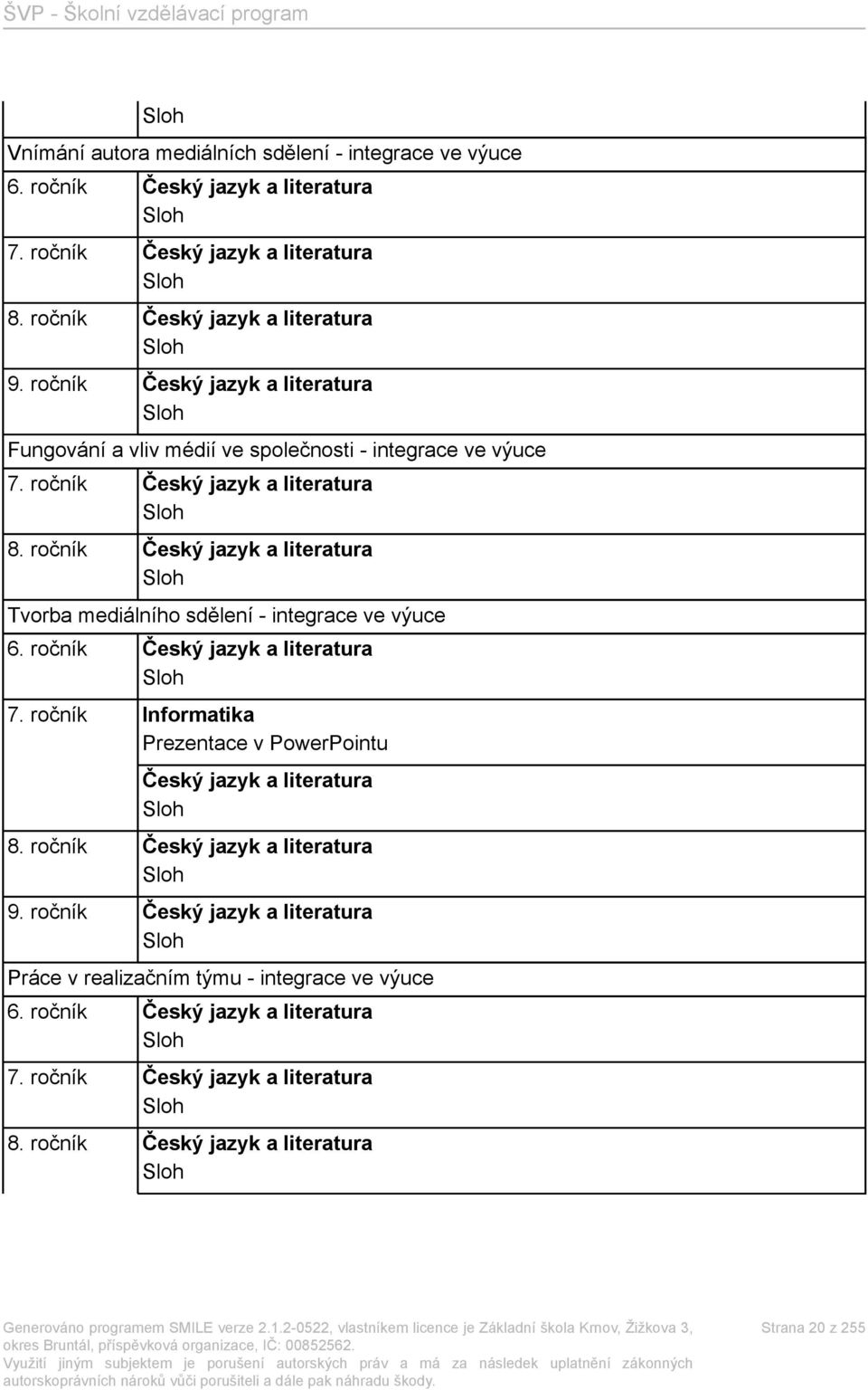 ročník Český jazyk a literatura Sloh Tvorba mediálního sdělení - integrace ve výuce 6. ročník Český jazyk a literatura Sloh 7.