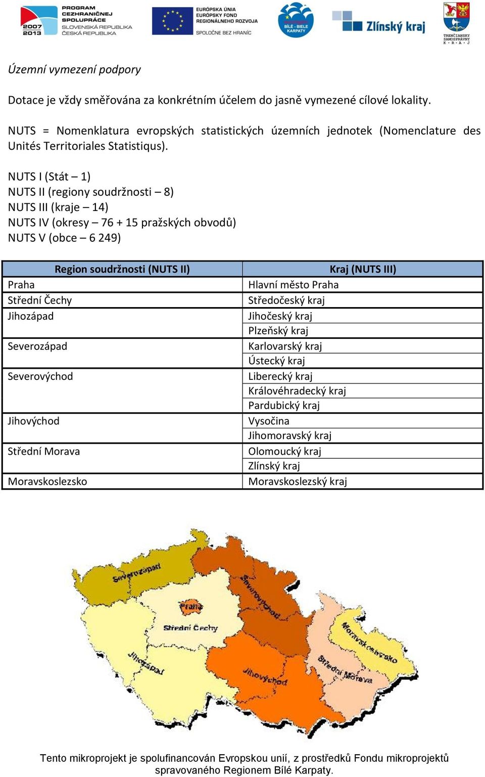 NUTS I (Stát 1) NUTS II (regiony soudržnosti 8) NUTS III (kraje 14) NUTS IV (okresy 76 + 15 pražských obvodů) NUTS V (obce 6 249) Region soudržnosti (NUTS II) Praha Střední Čechy