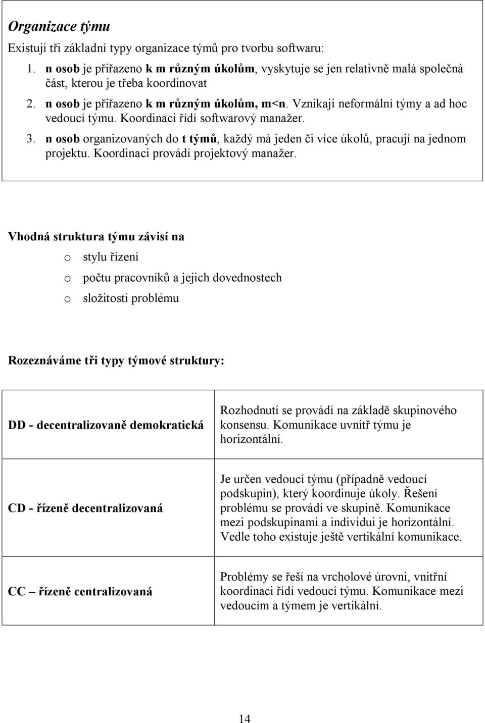 n osob organizovaných do t týmů, každý má jeden či více úkolů, pracují na jednom projektu. Koordinaci provádí projektový manažer.