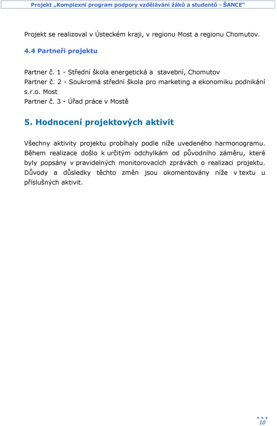 3 - Úřad práce v Mostě 5. Hodnocení projektových aktivit Všechny aktivity projektu probíhaly podle níže uvedeného harmonogramu.