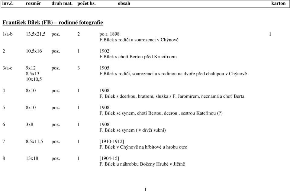 1 1908 F. Bílek s dcerkou, bratrem, služka s F. Jaromírem, neznámá a choť Berta 5 8x10 poz. 1 1908 F. Bílek se synem, chotí Bertou, dcerou, sestrou Kateřinou (?